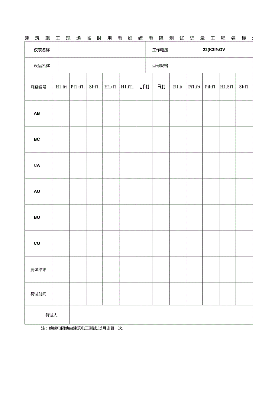 建筑施工现场临时用电绝缘电阻测试记录.docx_第1页