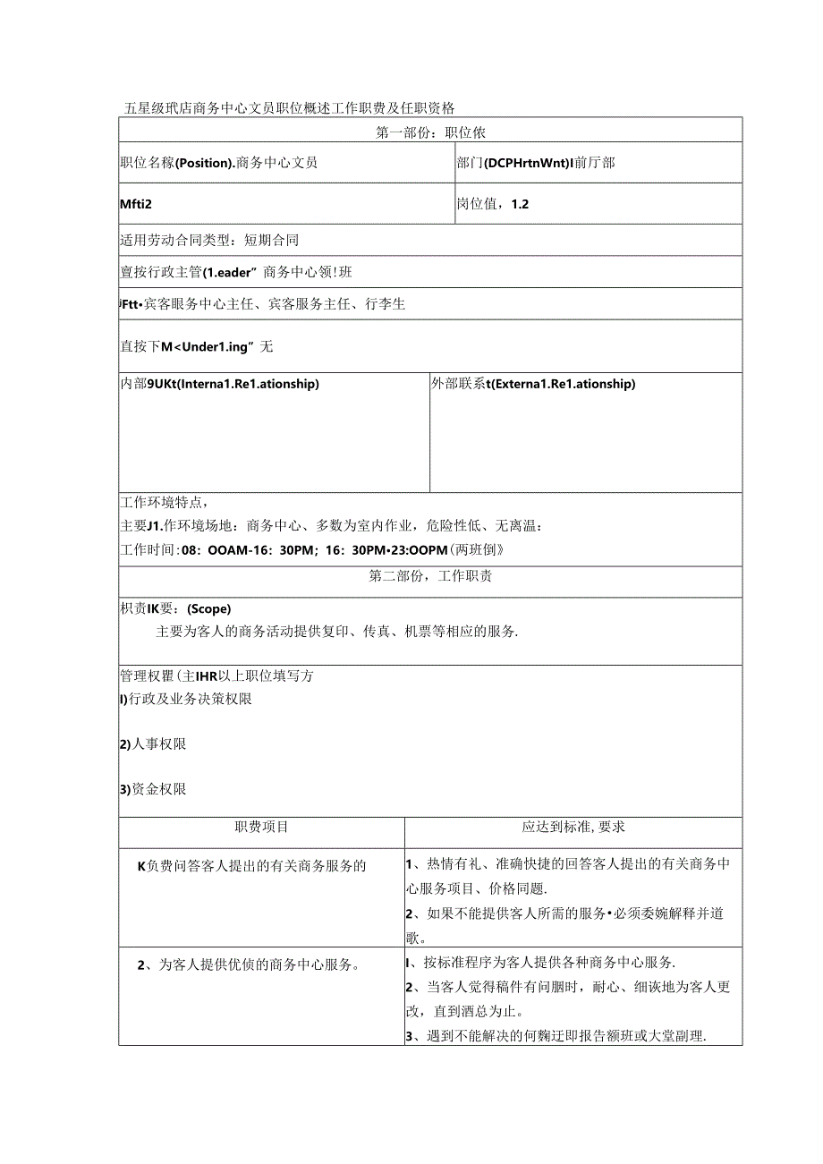 五星级酒店商务中心文员职位概述工作职责及任职资格.docx_第1页