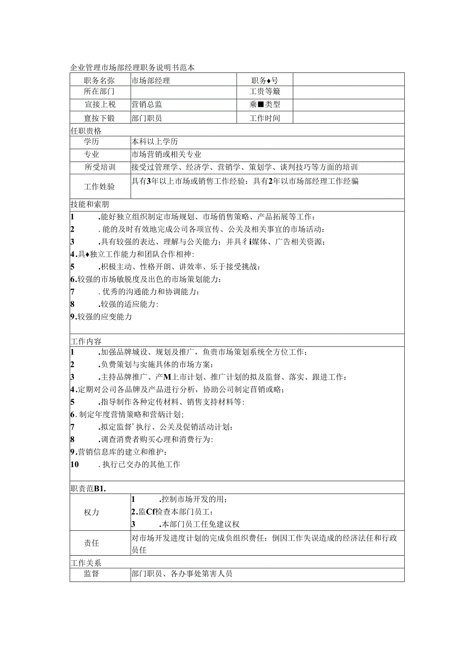 企业管理市场部经理职务说明书范本.docx_第1页