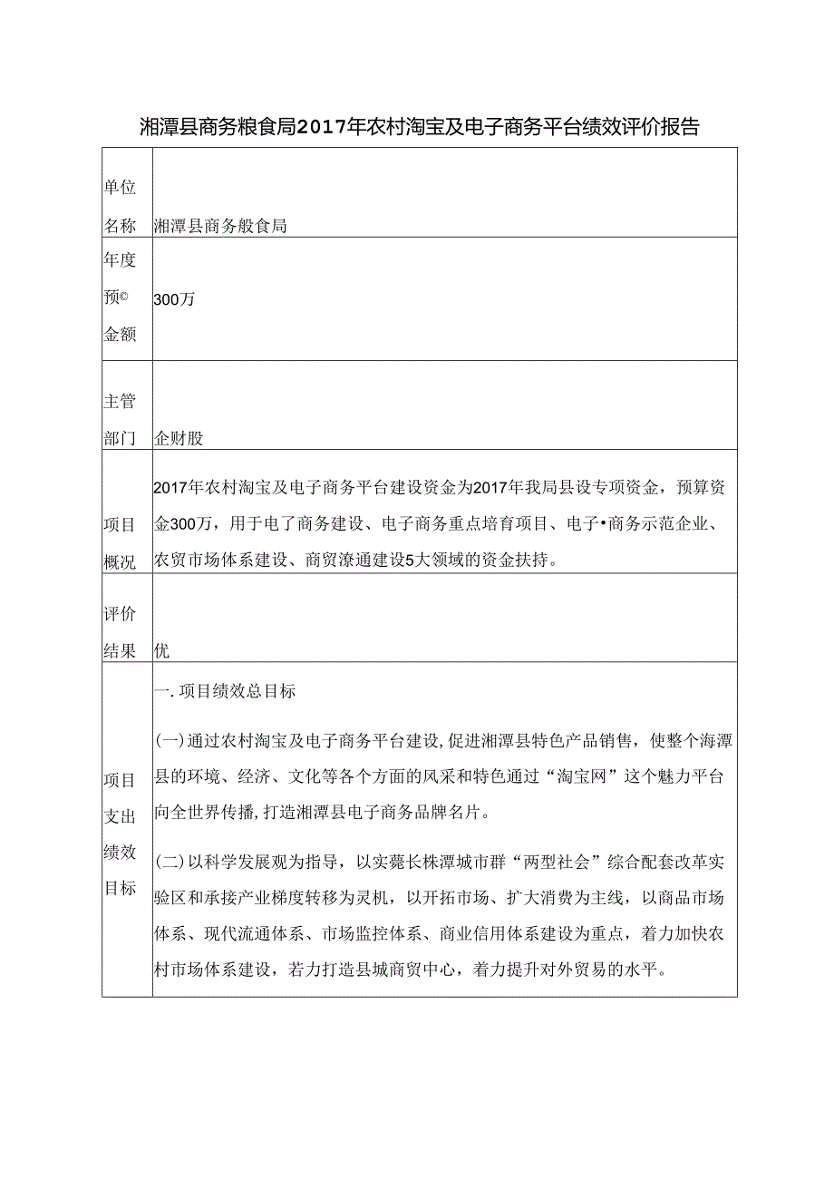 湘潭县商务粮食局2017年农村淘宝及电子商务平台绩效评价报告.docx_第1页