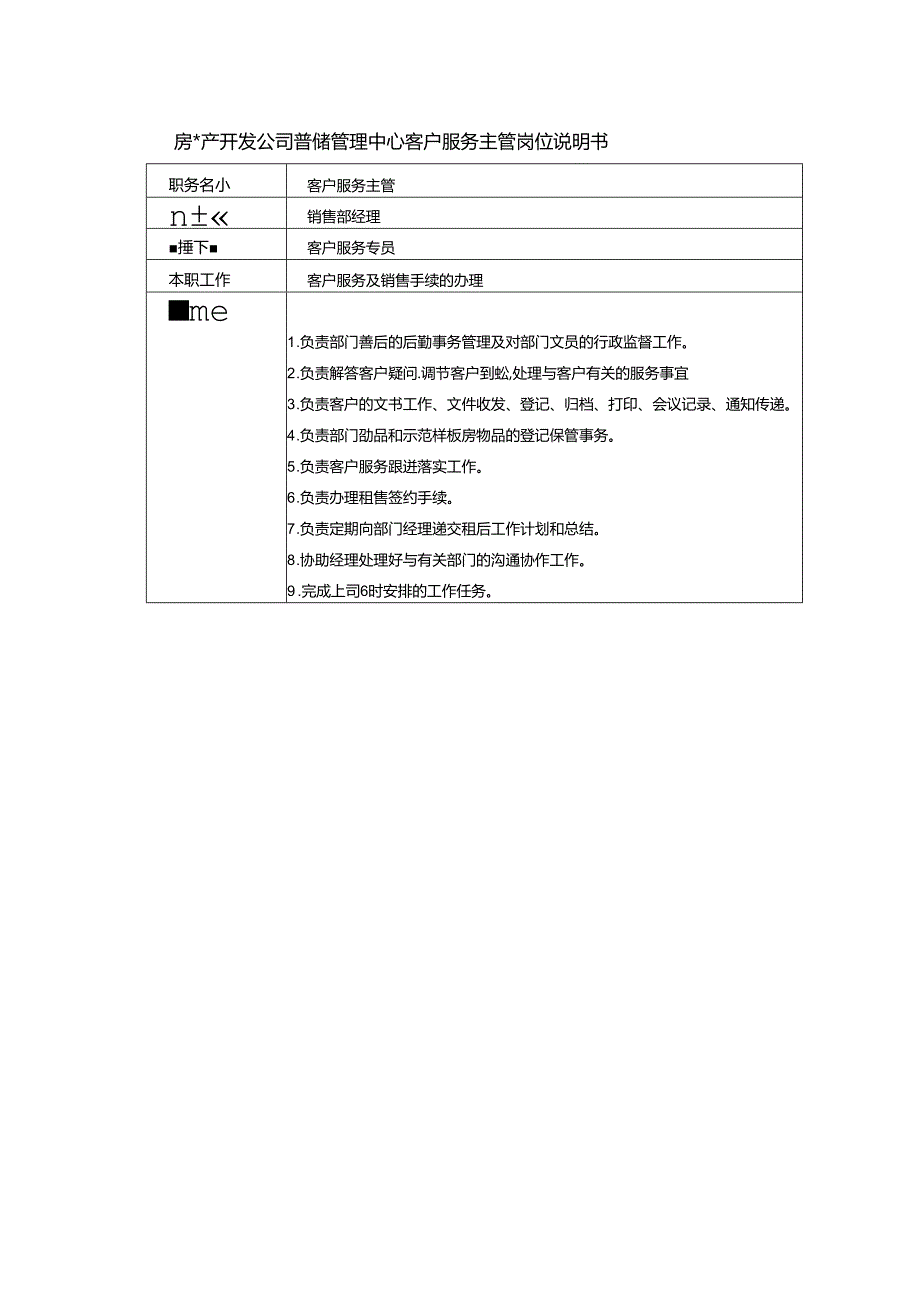 房地产开发公司营销管理中心客户服务主管岗位说明书.docx_第1页