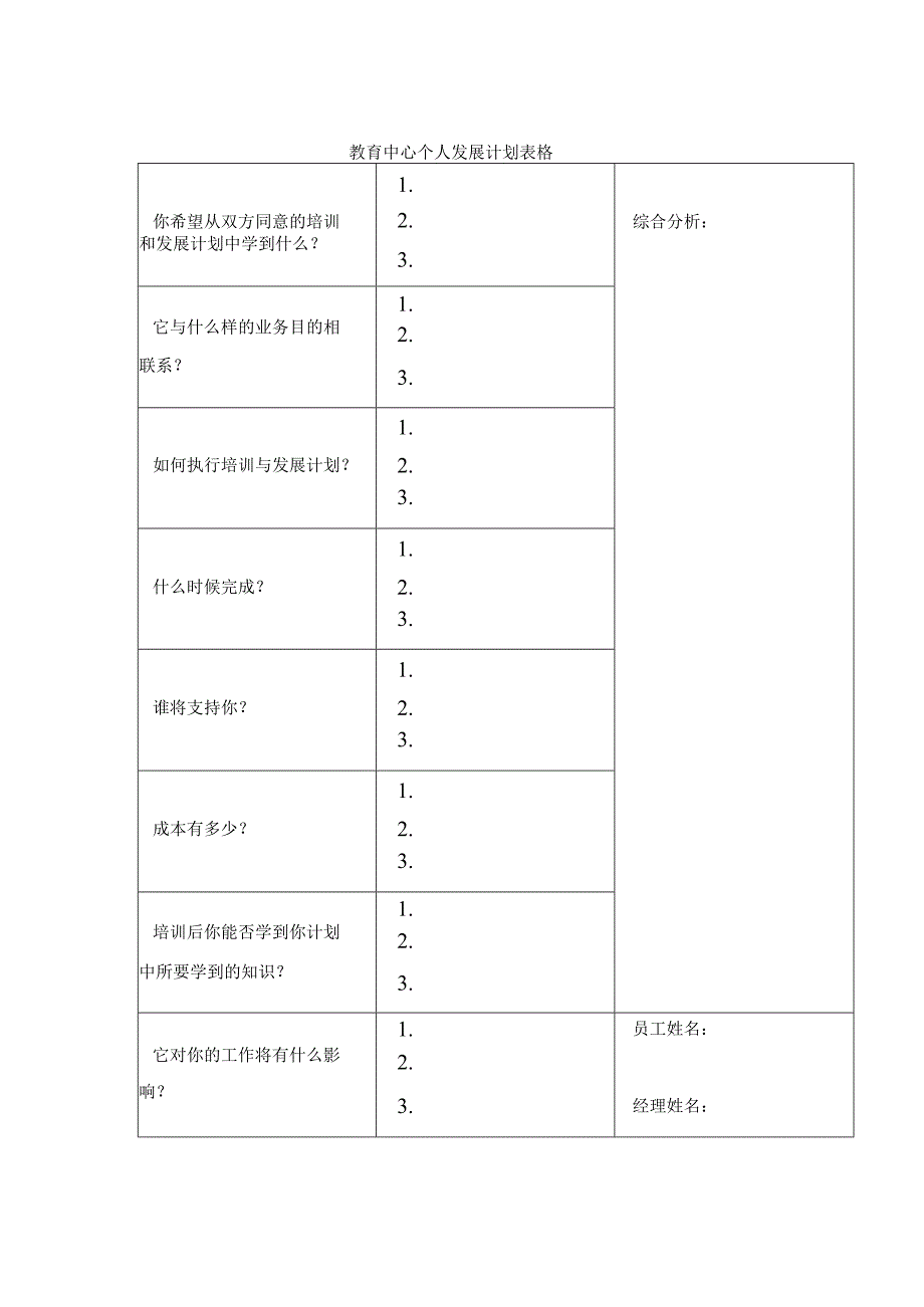 教育中心个人发展计划表格.docx_第1页