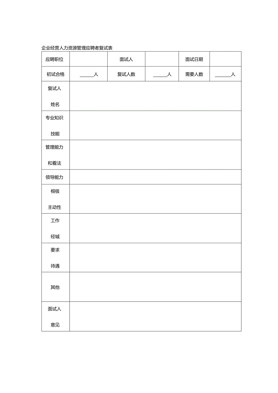 企业经营人力资源管理应聘者复试表.docx_第1页