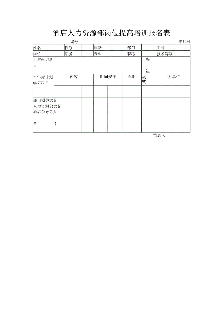 酒店人力资源部岗位提高培训报名表.docx_第1页