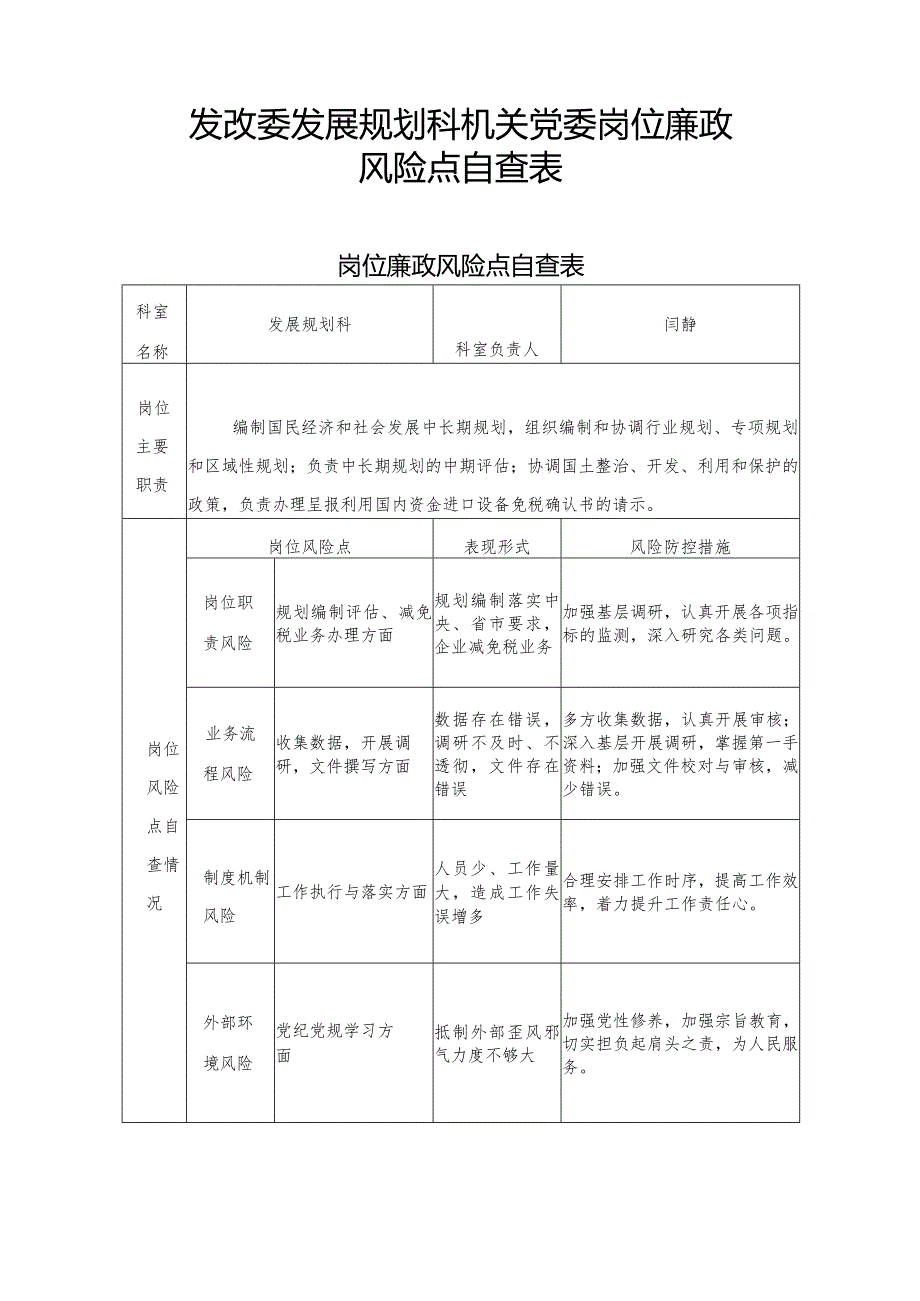 发改委发展规划科机关党委岗位廉政风险点自查表.docx_第1页