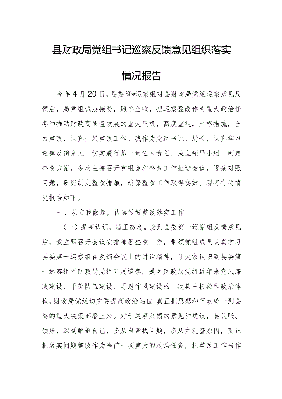 县财政局党组书记巡察反馈意见组织落实情况报告.docx_第1页