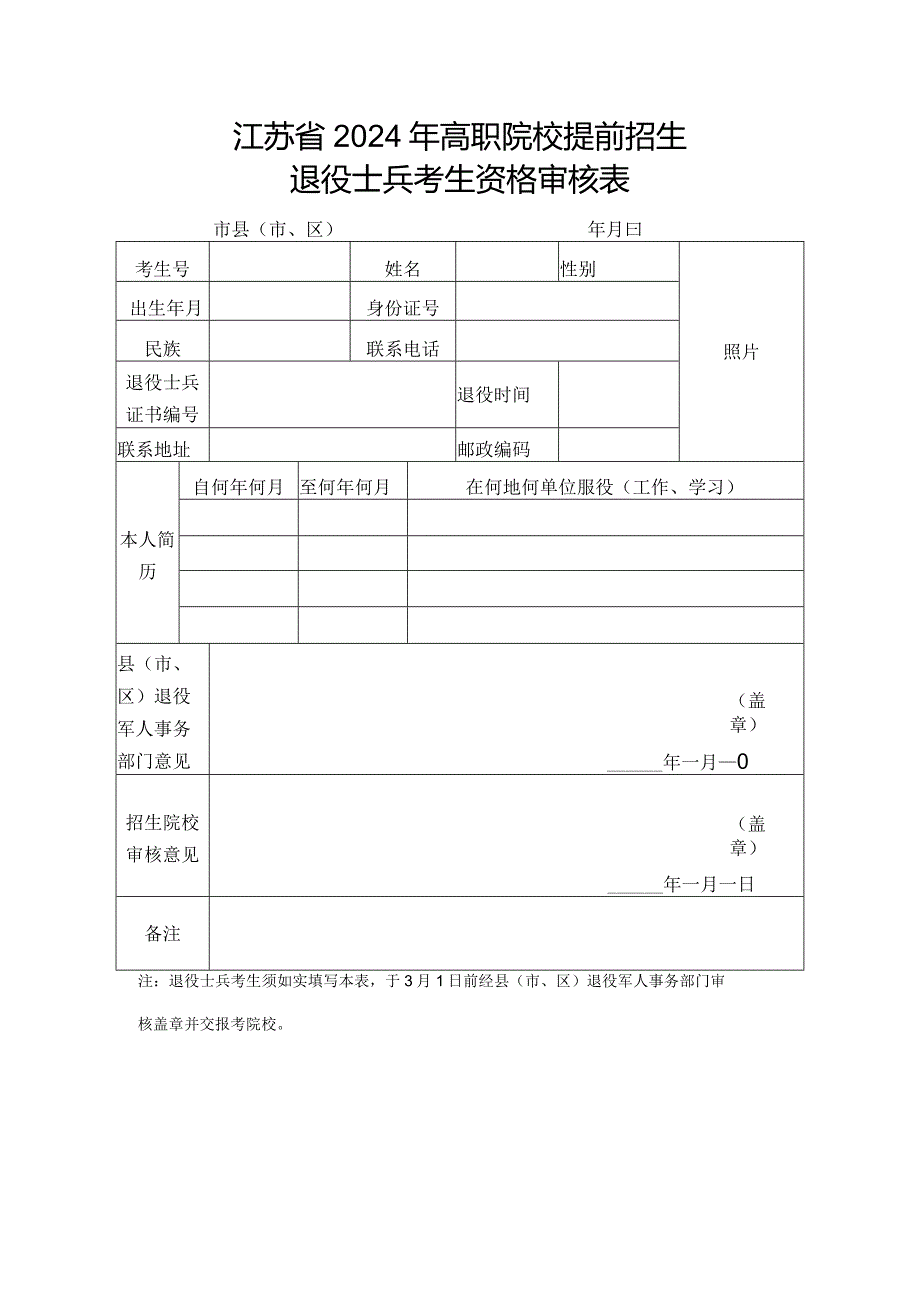 江苏省2024年高职院校提前招生退役士兵考生资格审核表（2024年）.docx_第1页