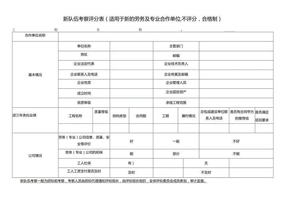 新队伍考察评分表（适用于新的劳务及专业合作单位,不评分合格制）（2024年）.docx_第1页