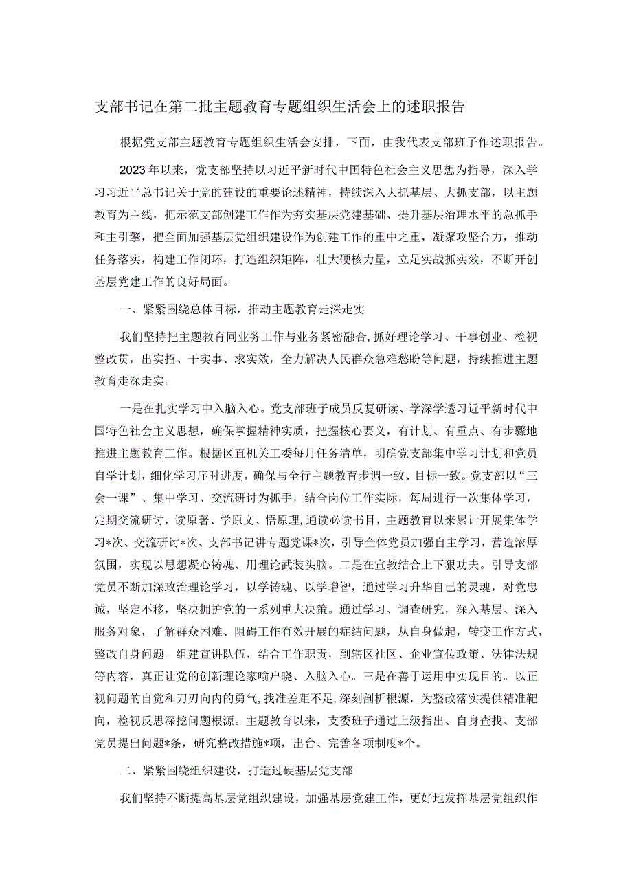 支部书记在第二批主题教育专题组织生活会上的述职报告.docx_第1页