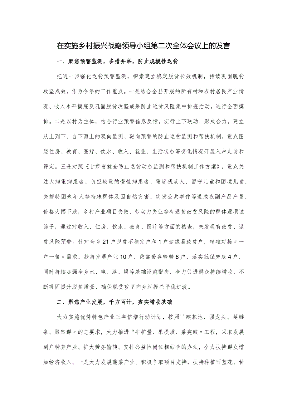 在实施乡村振兴战略领导小组第二次全体会议上的发言.docx_第1页