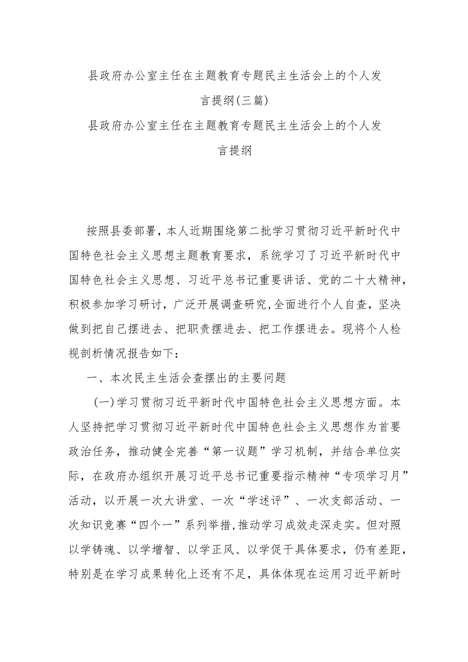 县政府办公室主任在主题教育专题民主生活会上的个人发言提纲(三篇).docx_第1页