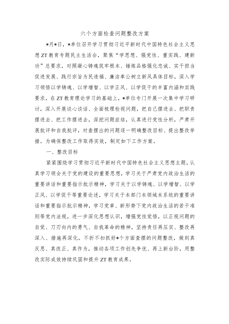 六个方面检查问题整改方案.docx_第1页