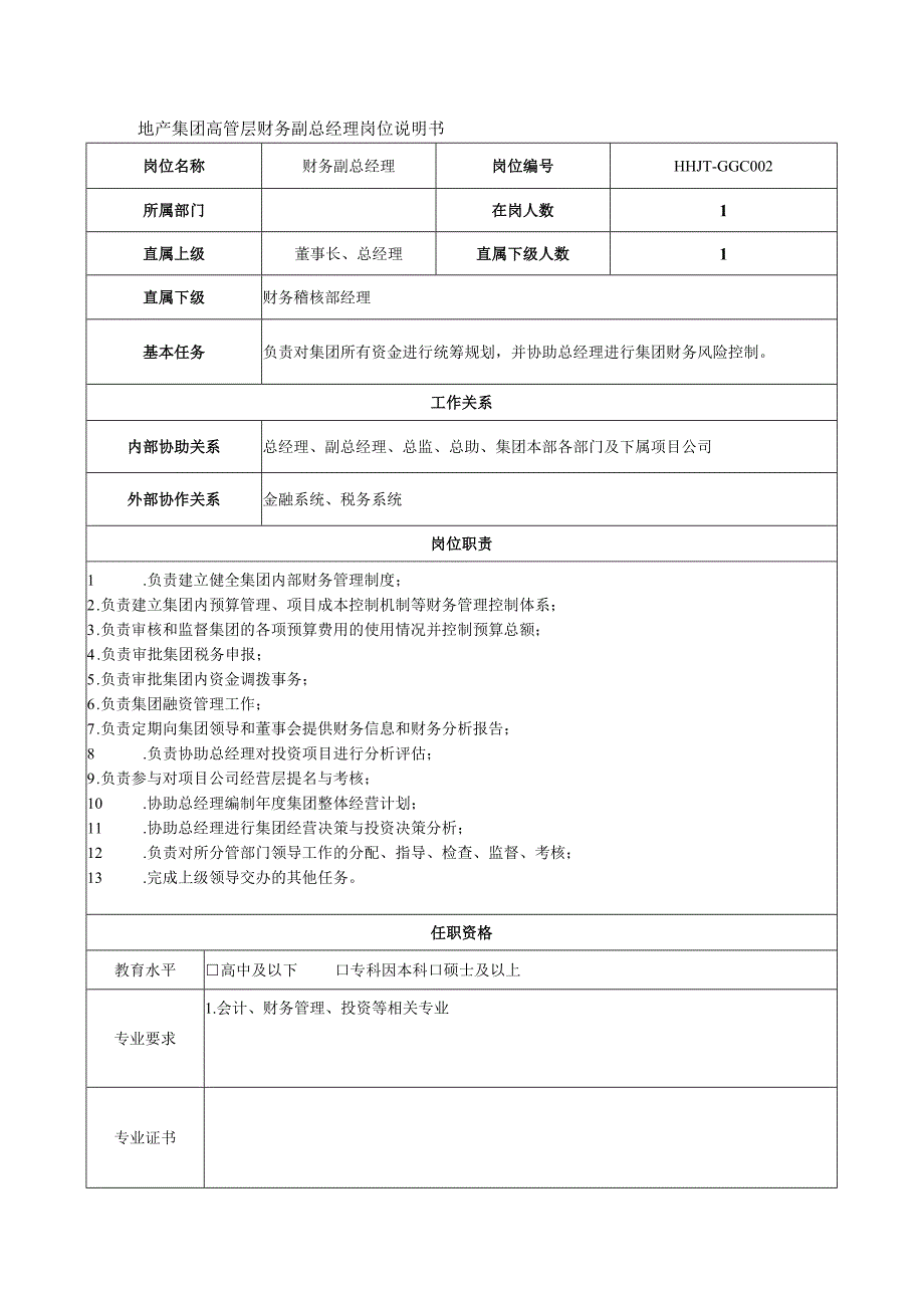 地产集团高管层财务副总经理岗位说明书.docx_第1页