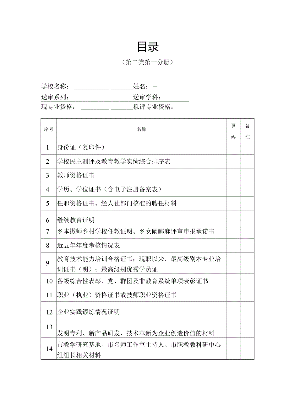 教师职称报送目录（第二类第一分册）.docx_第1页