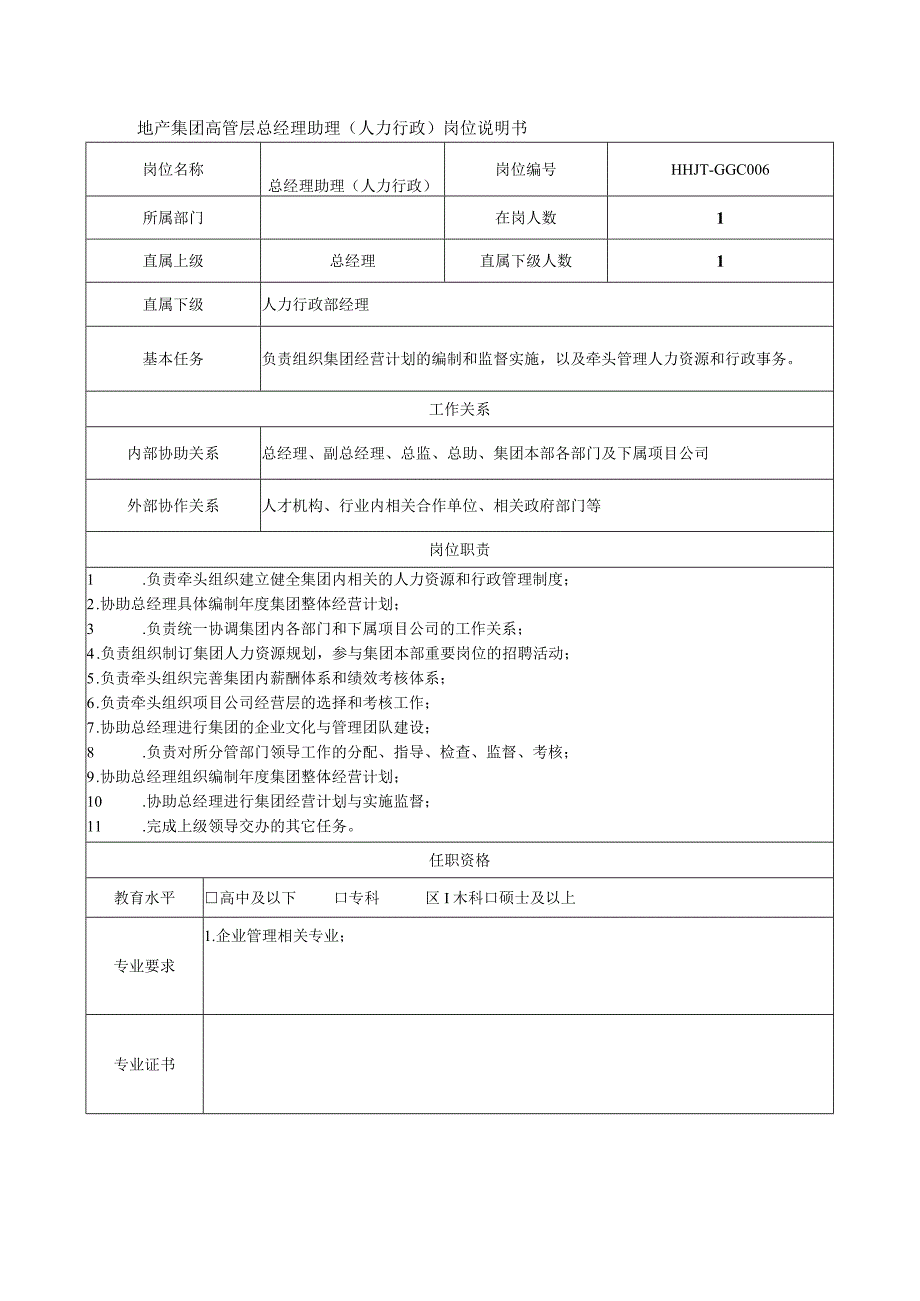 地产集团高管层总经理助理（人力行政）岗位说明书.docx_第1页