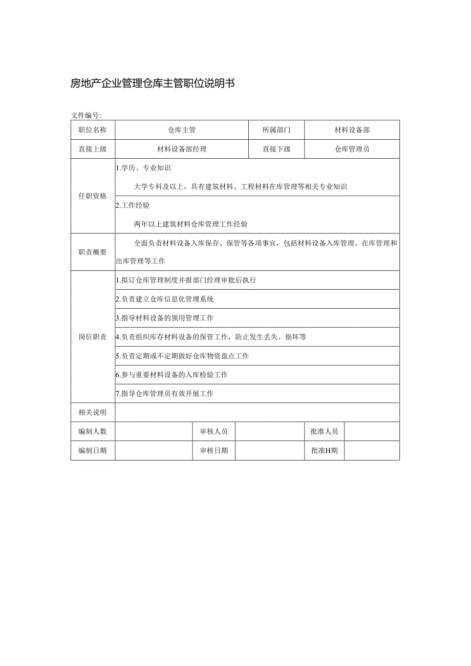 房地产企业管理仓库主管职位说明书.docx_第1页