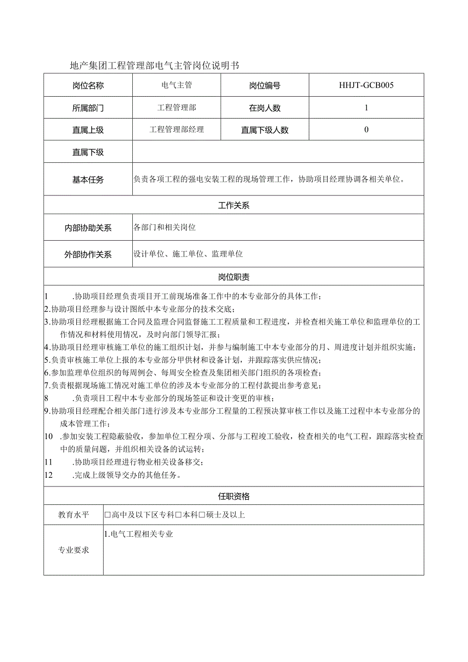 地产集团工程管理部电气主管岗位说明书.docx_第1页