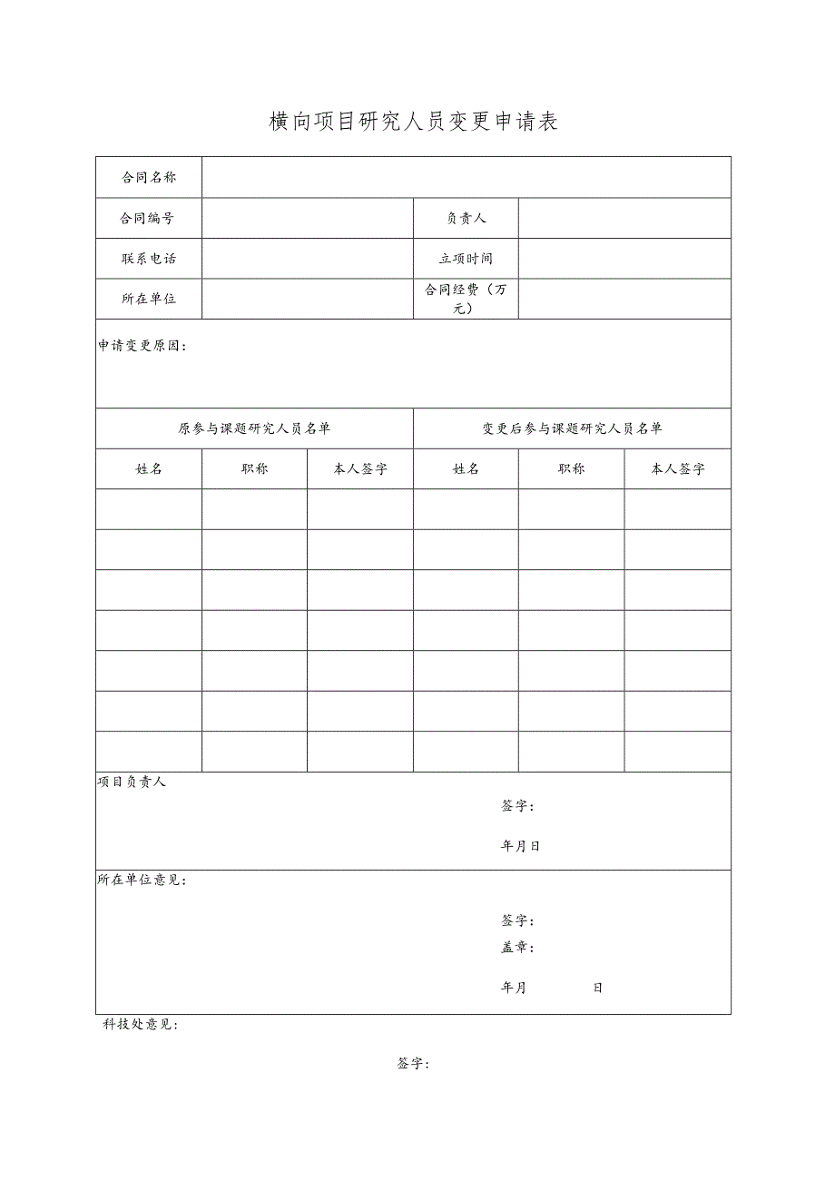 横向项目研究人员变更申请表.docx_第1页