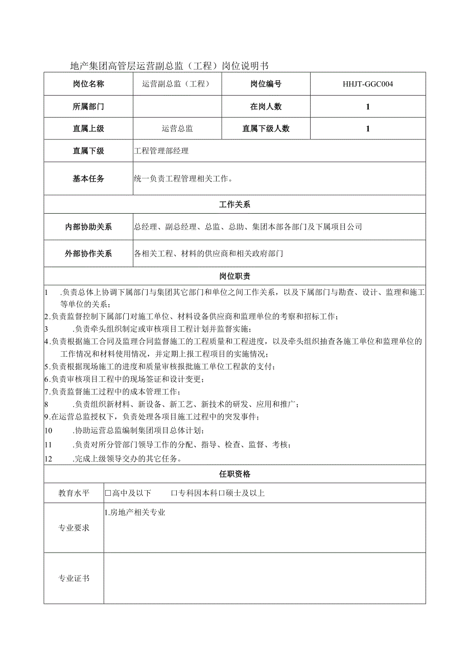 地产集团高管层运营副总监（工程）岗位说明书.docx_第1页