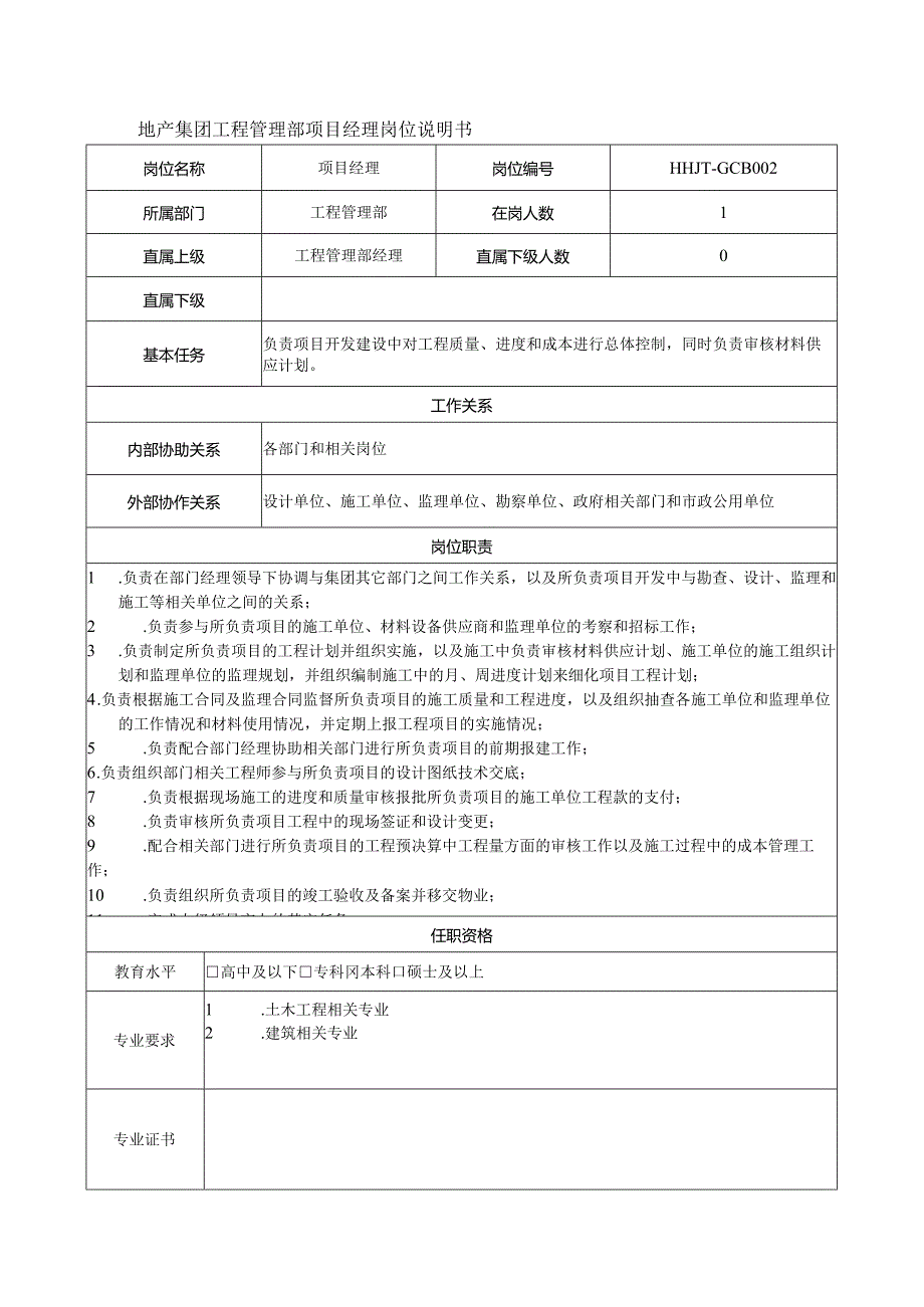 地产集团工程管理部项目经理岗位说明书.docx_第1页