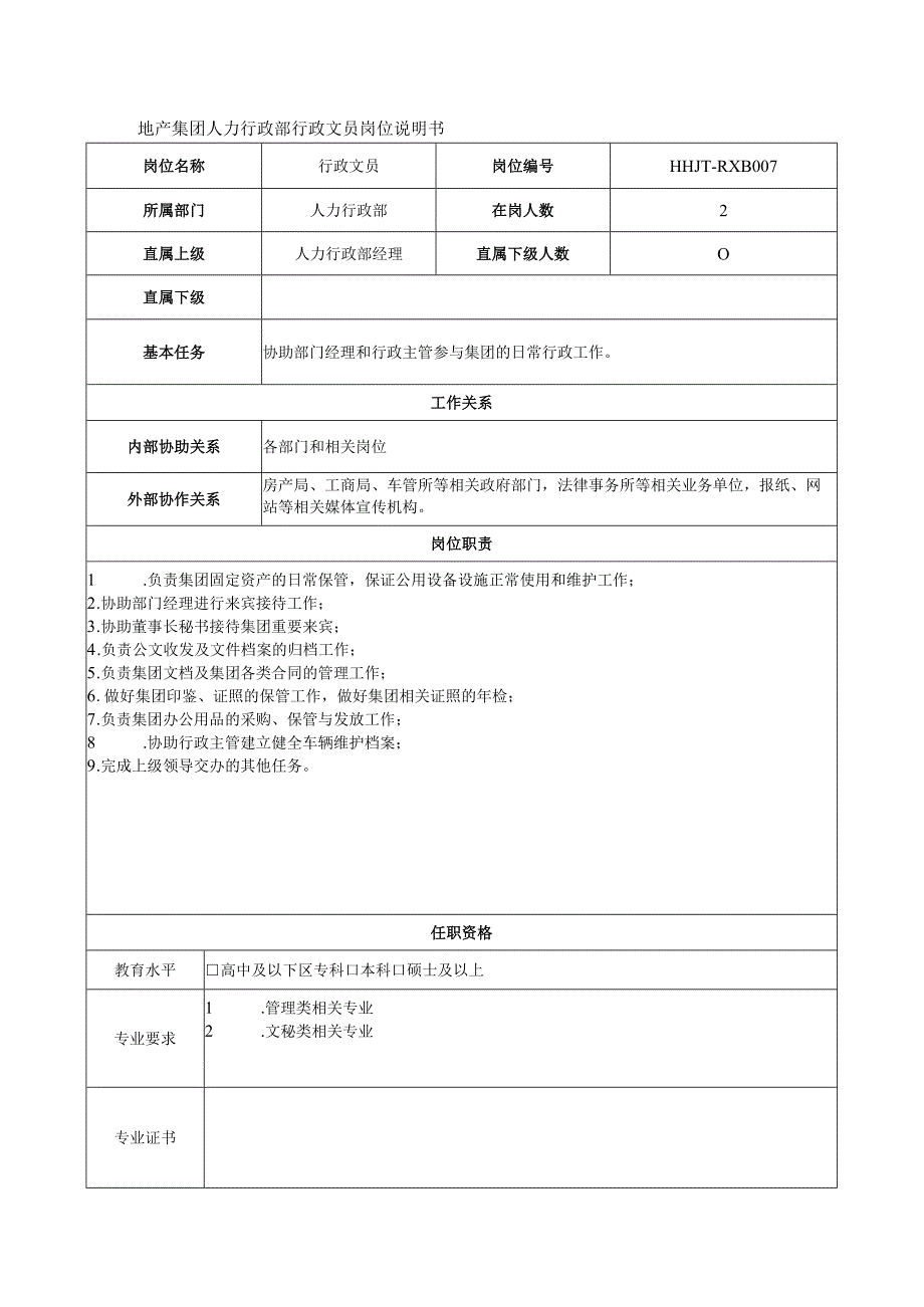 地产集团人力行政部行政文员岗位说明书.docx_第1页