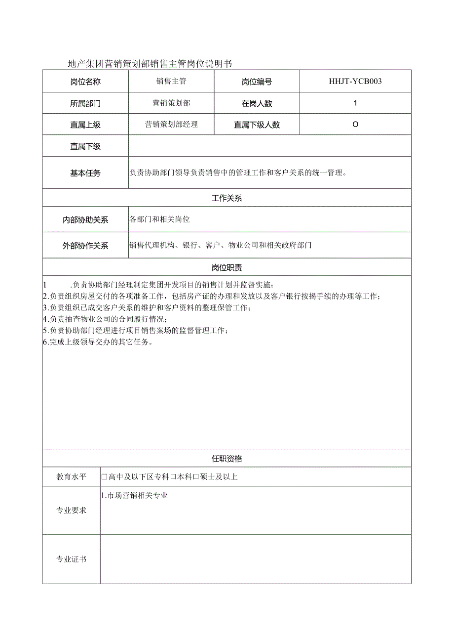 地产集团营销策划部销售主管岗位说明书.docx_第1页