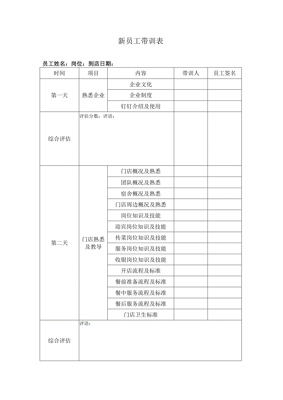 中餐公司新员工带训表.docx_第1页