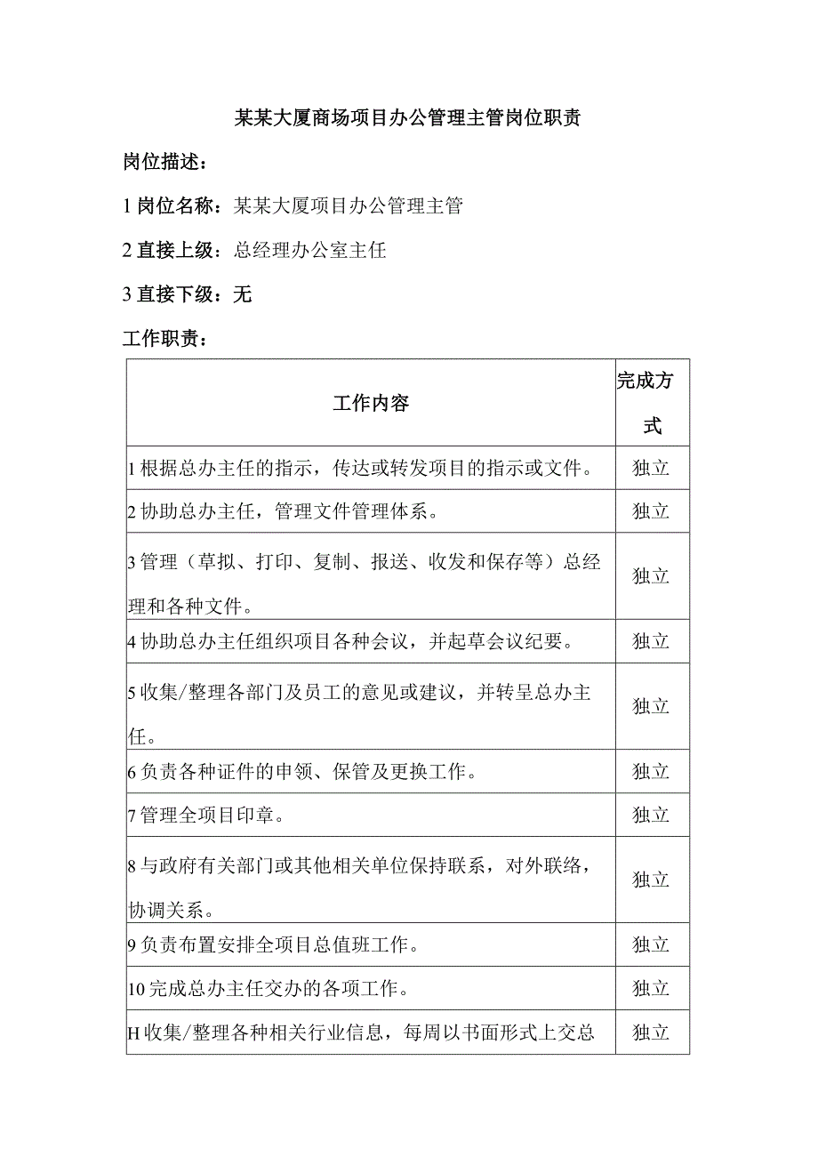 某某大厦商场项目办公管理主管岗位职责.docx_第1页