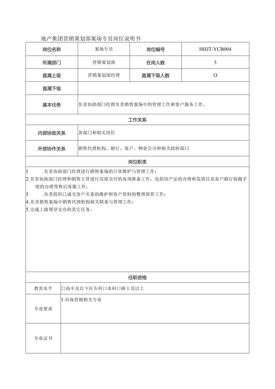 地产集团营销策划部案场专员岗位说明书.docx_第1页