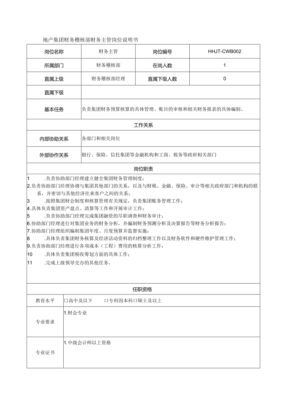 地产集团财务稽核部财务主管岗位说明书.docx_第1页