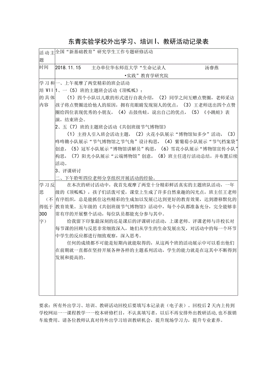 东青实验学校外出学习、培训、教研活动记录表.docx_第1页