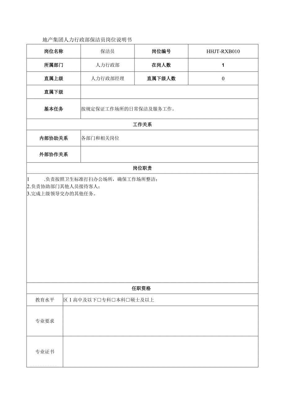 地产集团人力行政部保洁员岗位说明书.docx_第1页