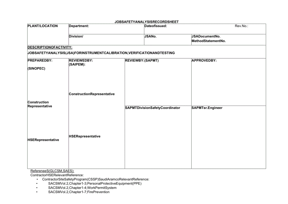 仪表校验安全分析JSA for INSTRUMENT CALIBRATION&TESTING.docx_第1页