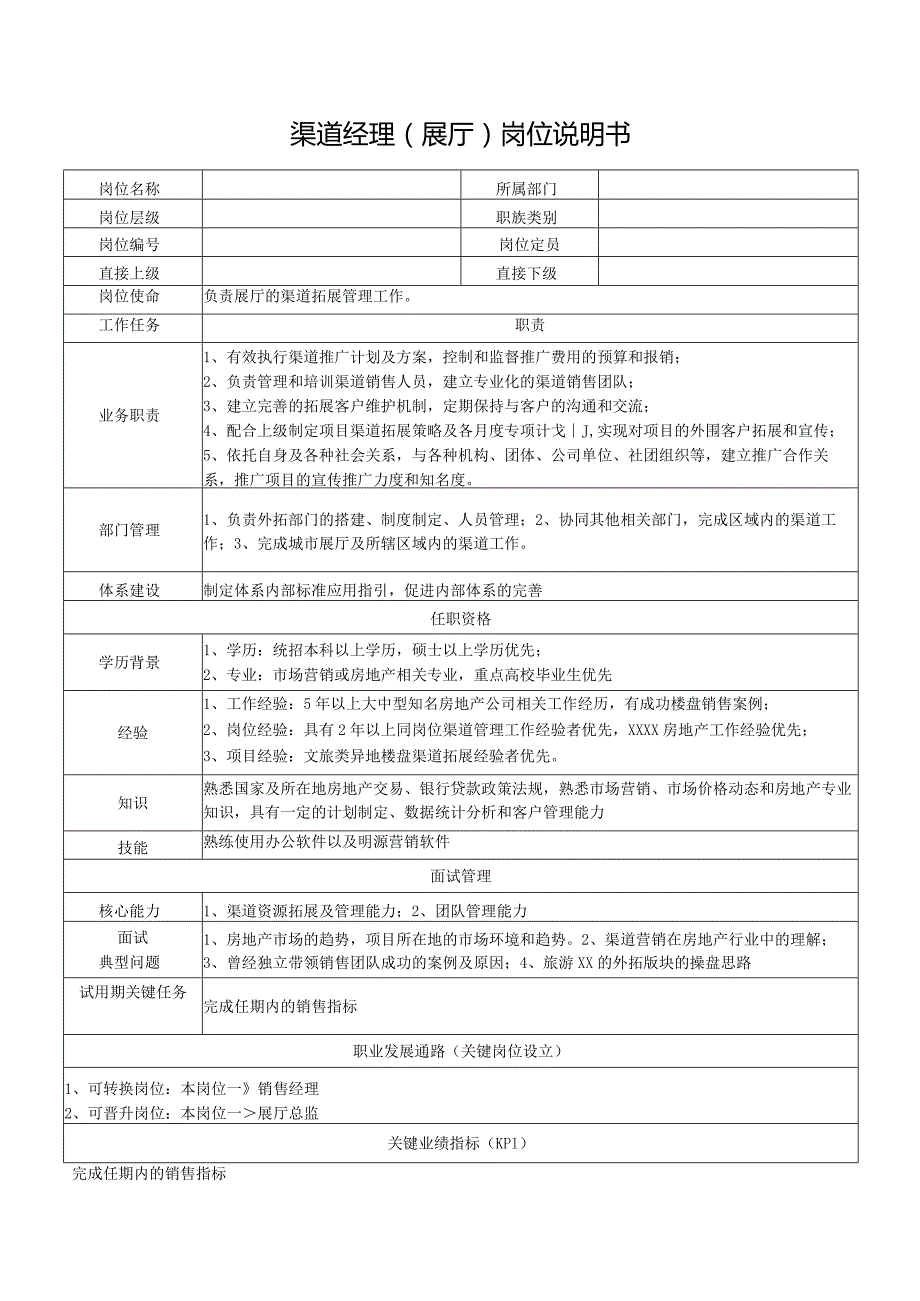 渠道经理（展厅）岗位说明书.docx_第1页