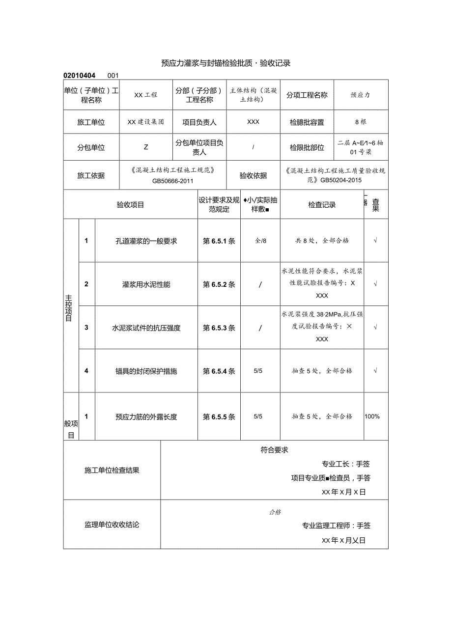 02010404预应力灌浆与封锚检验批质量验收记录（GB50204-2015）_samp.docx_第1页