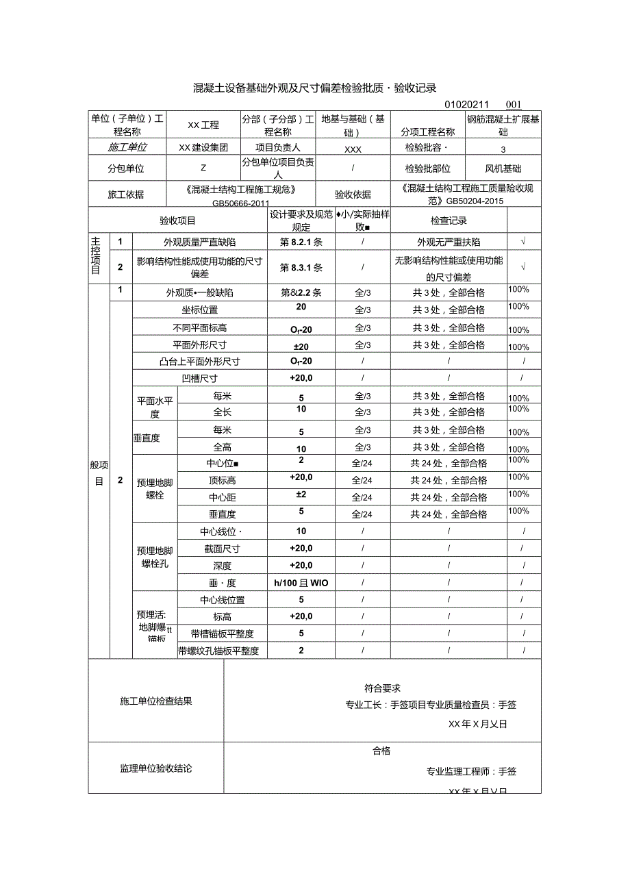 01020211混凝土设备基础外观及尺寸偏差检验批质量验收记录（GB50204-2015）_samp.docx_第1页