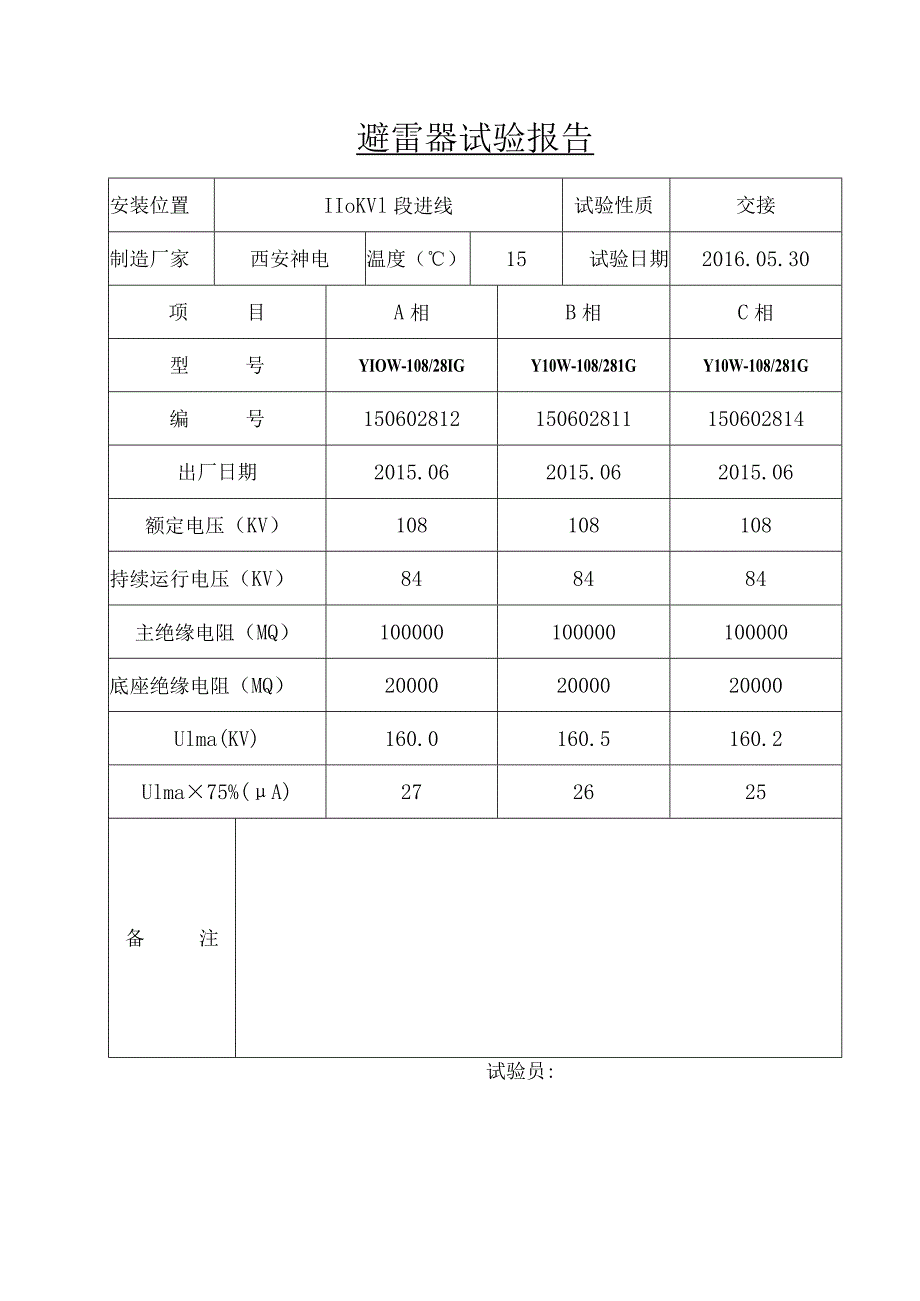 110KV线路避 雷 器 试 验 报 告2.docx_第1页