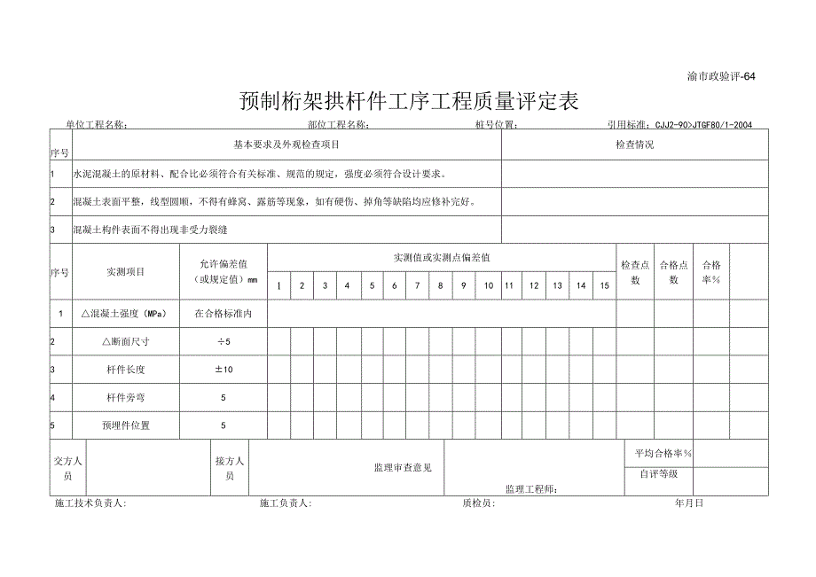 渝市政验评64 预制桁架拱杆件工序工程质量评定表.docx_第1页