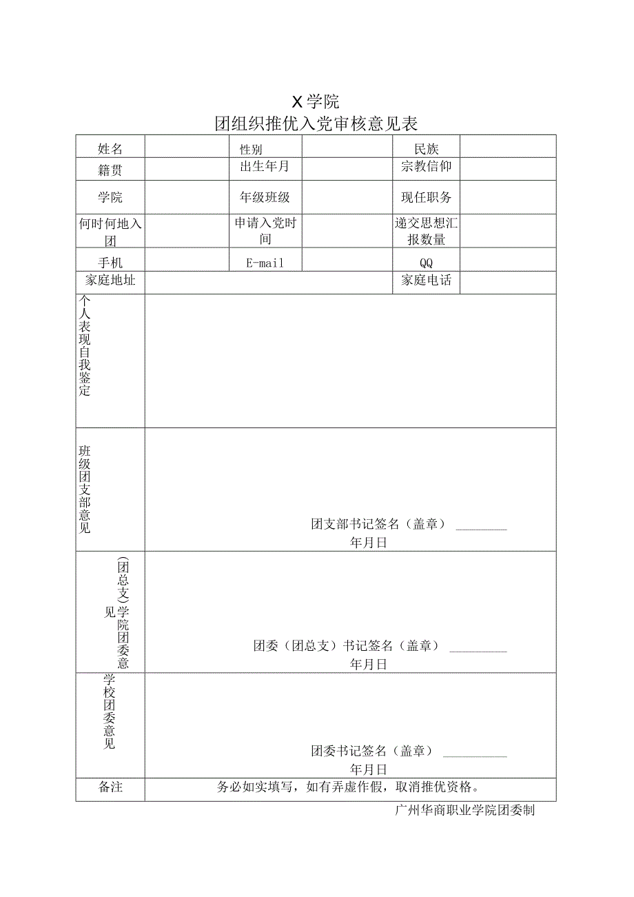 X学院团组织推优入党审核意见表（模板2）.docx_第1页