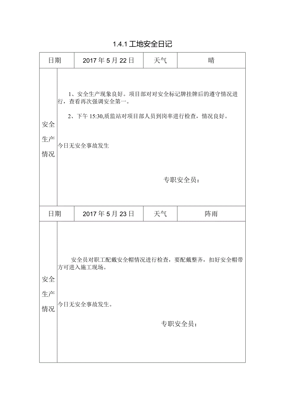 [施工资料]工地安全日记(5).docx_第1页