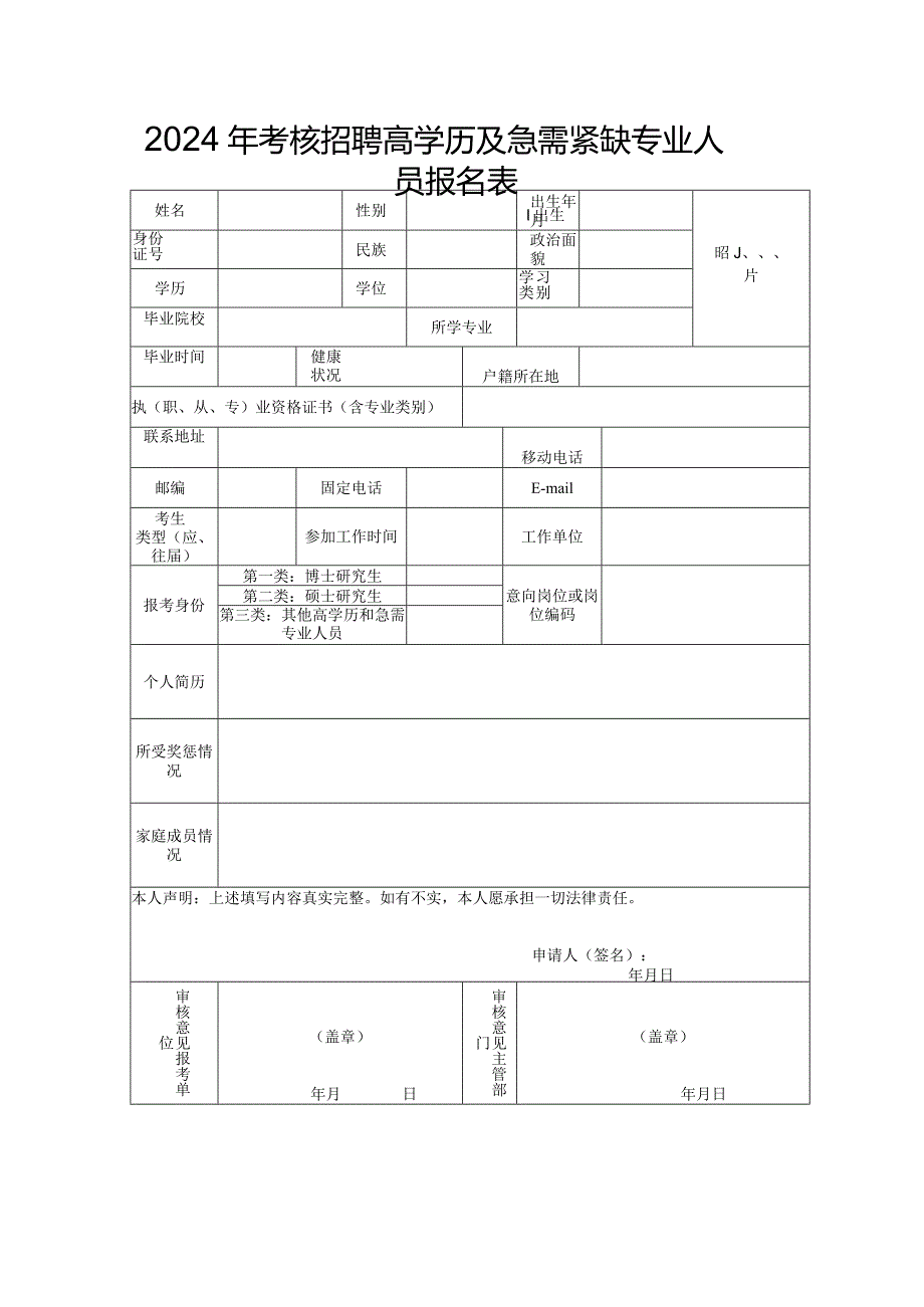 2024年考核招聘高学历及急需紧缺专业人员报名表.docx_第1页