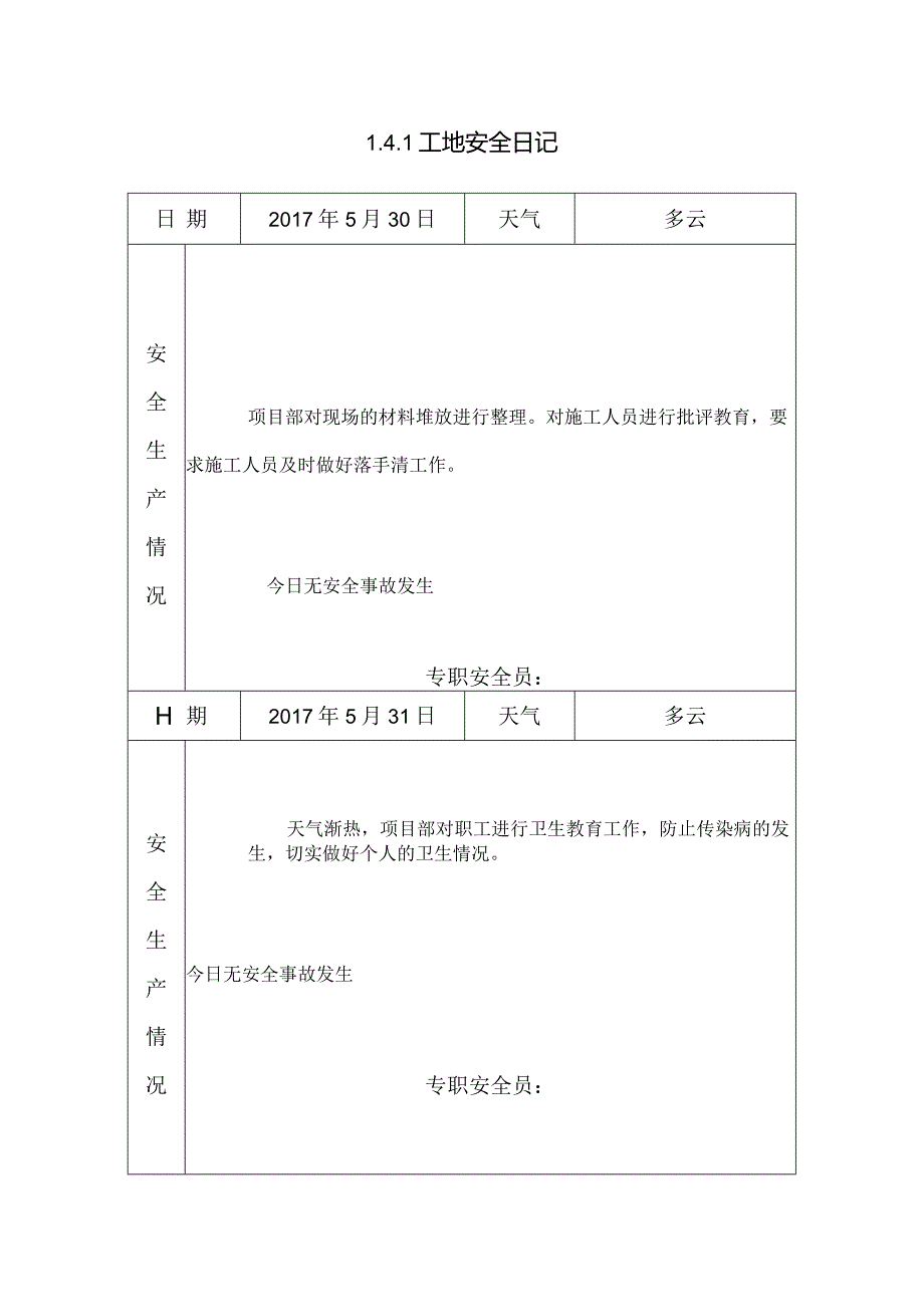 [施工资料]工地安全日记(9).docx_第1页