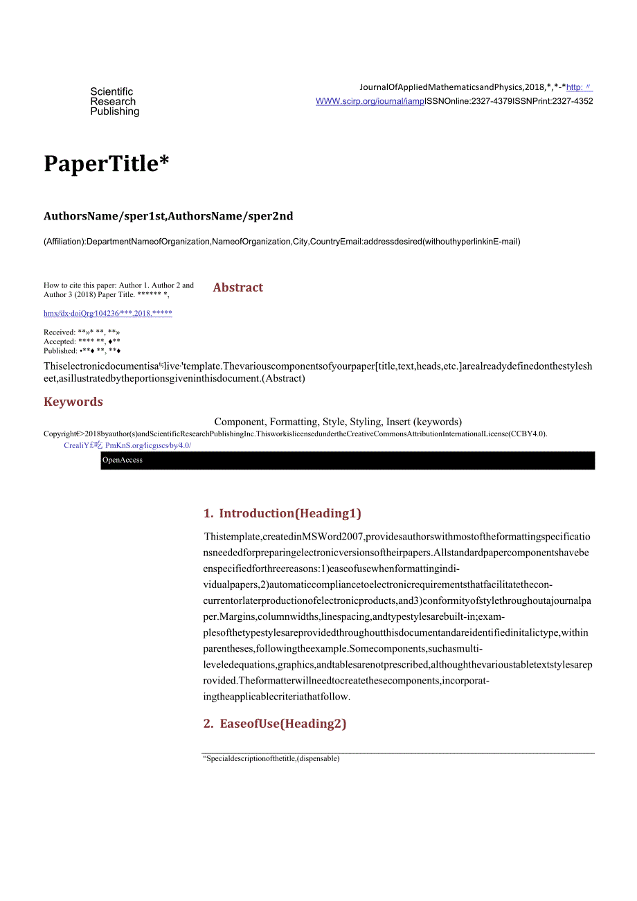 JAMP-JournalofAppliedMathematicsandPhysics期刊论文投稿格式模板.docx_第1页