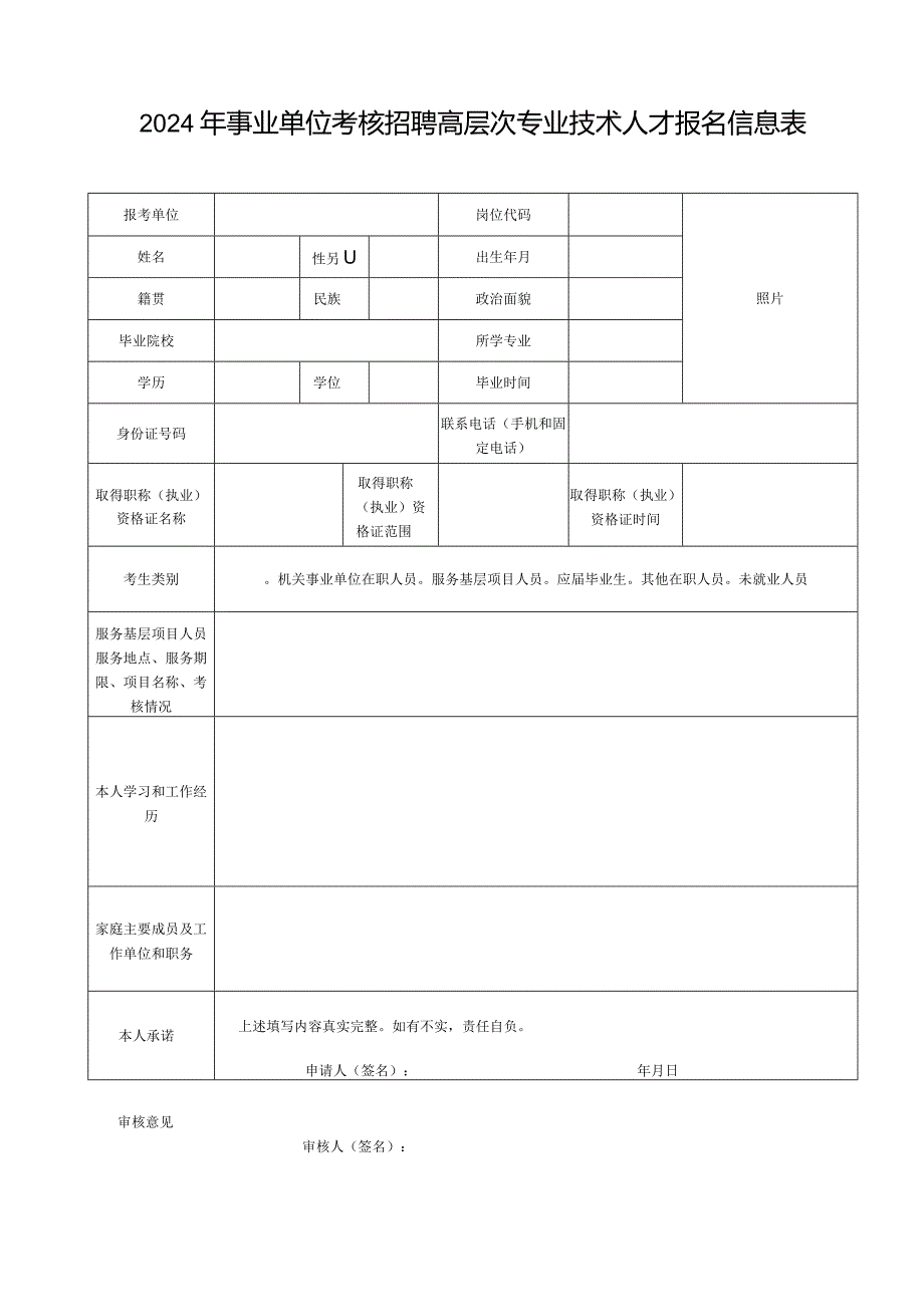 2024年事业单位考核招聘高层次专业技术人才报名信息表.docx_第1页