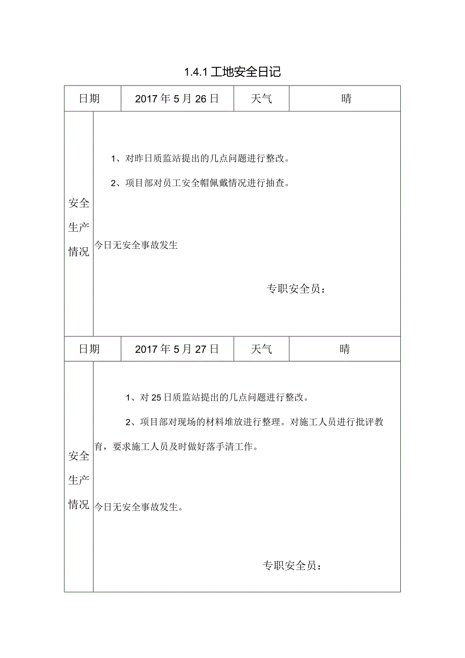 [施工资料]工地安全日记(7).docx_第1页