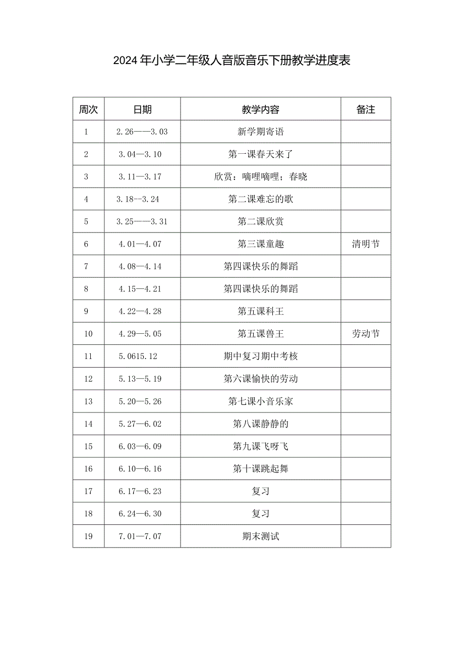 2024年小学二年级人音版音乐下册教学进度表.docx_第1页