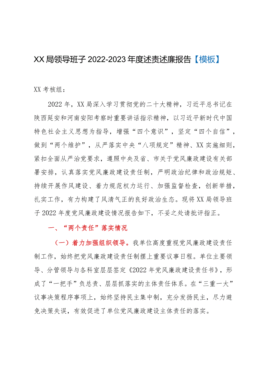 XX局领导班子2022-2023年度述责述廉报告【模板】.docx_第1页