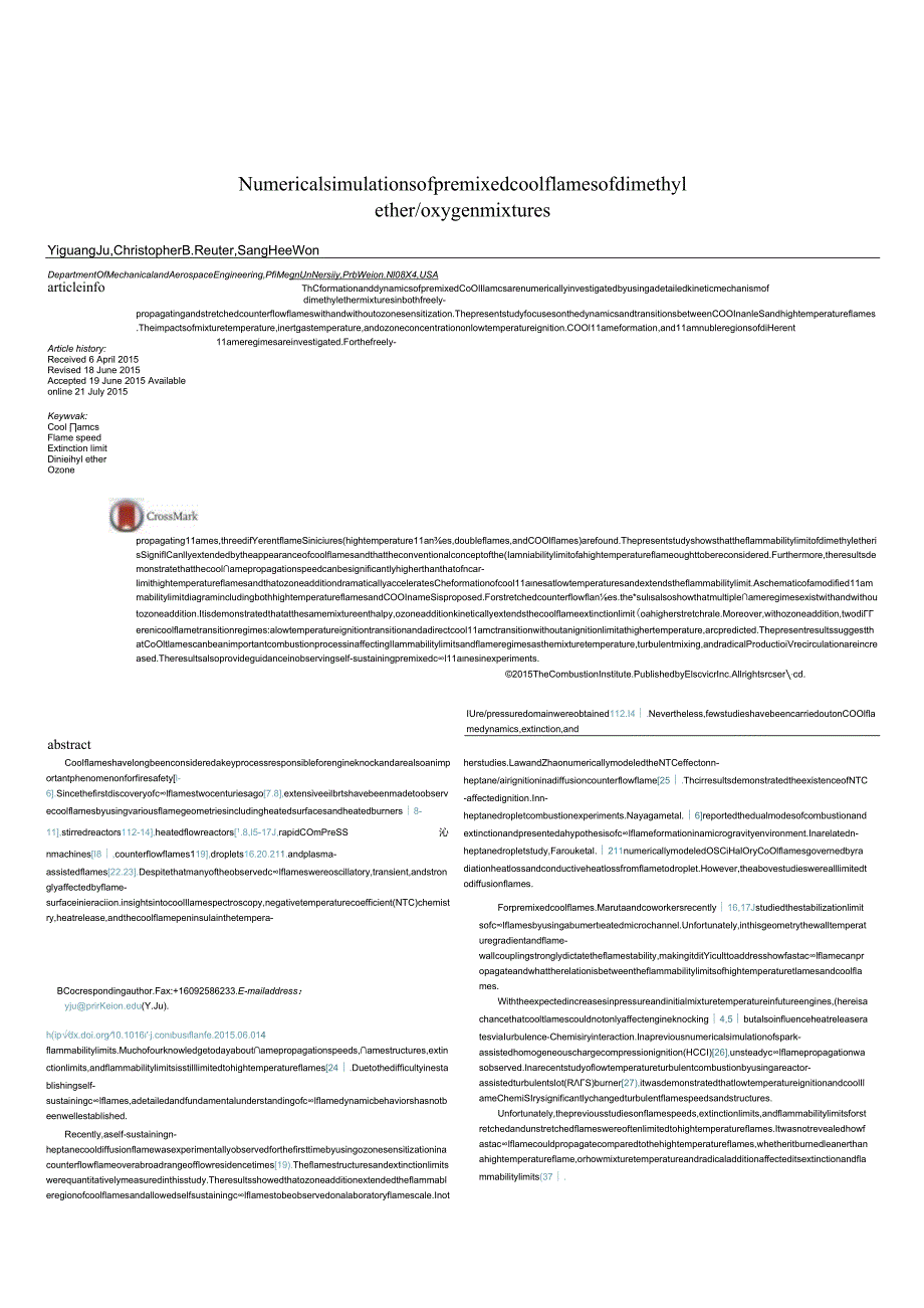 Numericalsimulationsofpremixedcoolflamesofdimethylether／oxygenmixtures.docx_第1页