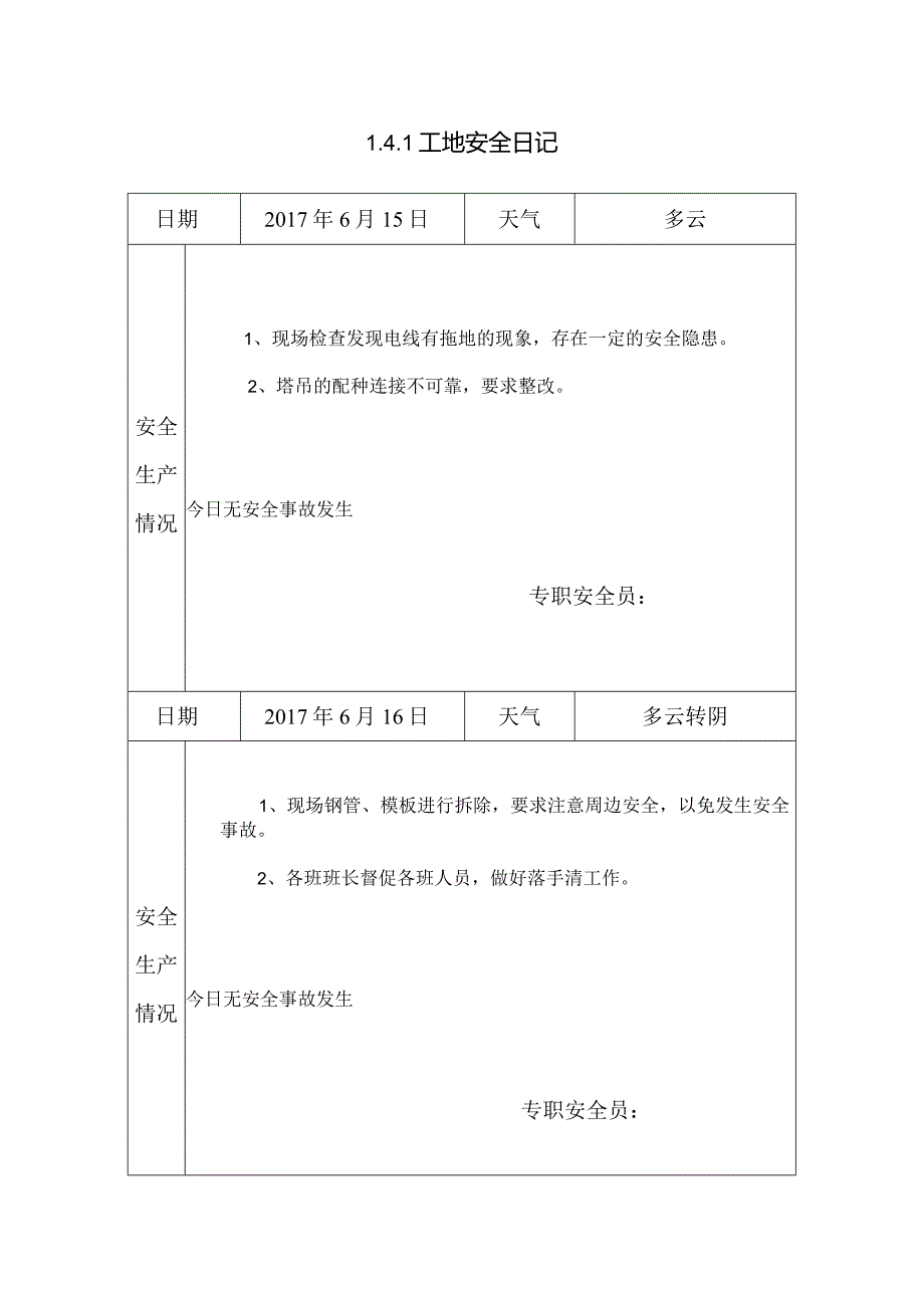 [施工资料]工地安全日记(17).docx_第1页