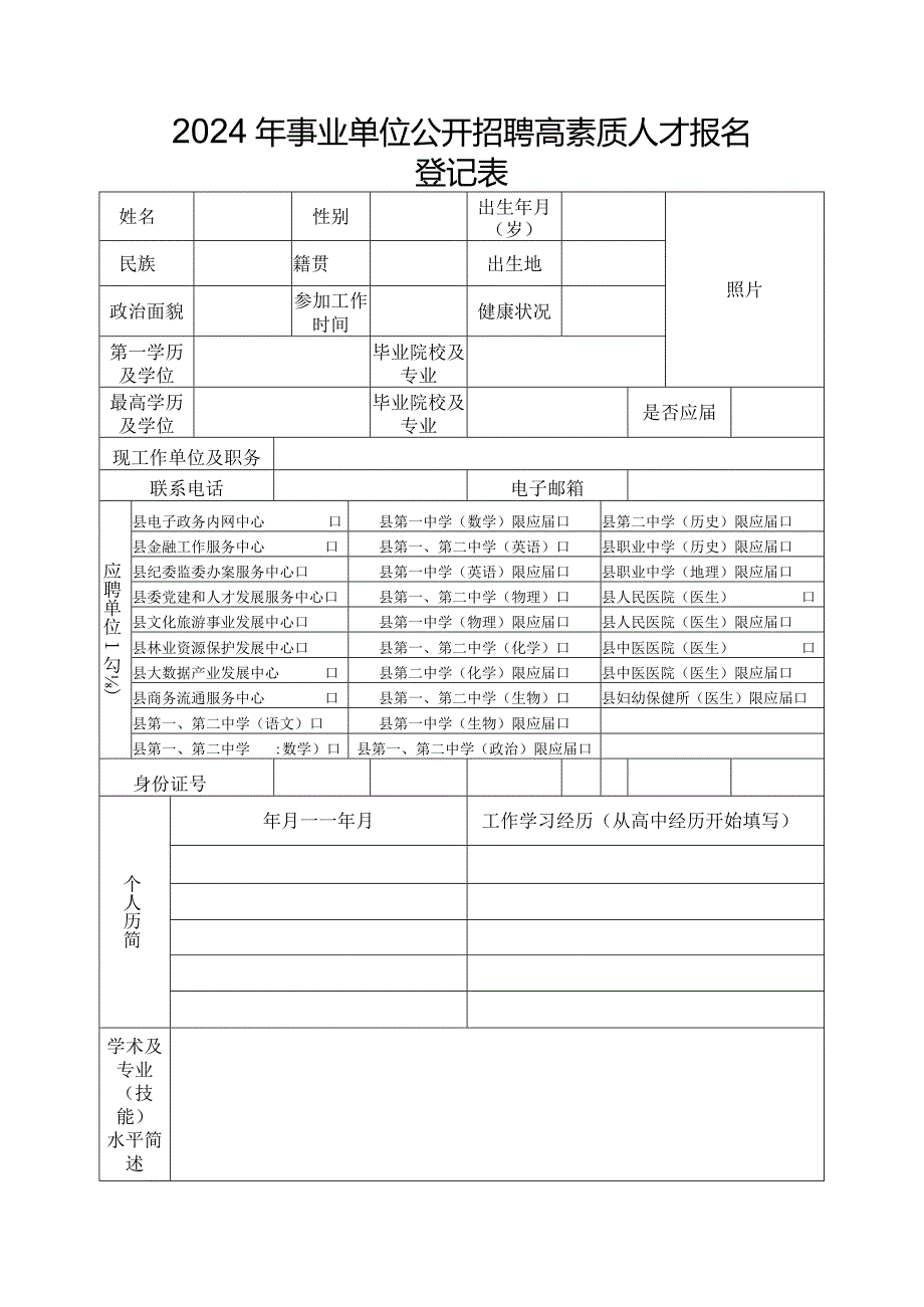 2024年事业单位公开招聘高素质人才报名登记表.docx_第1页